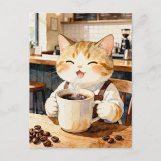 Cozy Cat Barista Watercolor Art Postcard