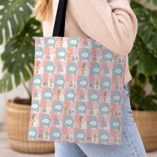 Cozy Cat & Book Girly Pink Pastel Mint Green Tote Bag (Creator Uploaded)