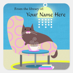 Cozy Cat, Coffe & Books bookplate Square Sticker