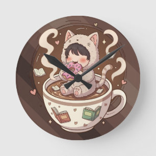 Cozy Cat Coffee Adventure Art Round Clock