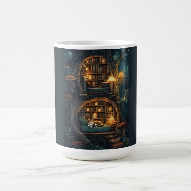 Cozy Cat in a Magical Treehouse Library Coffee Mug (Center)