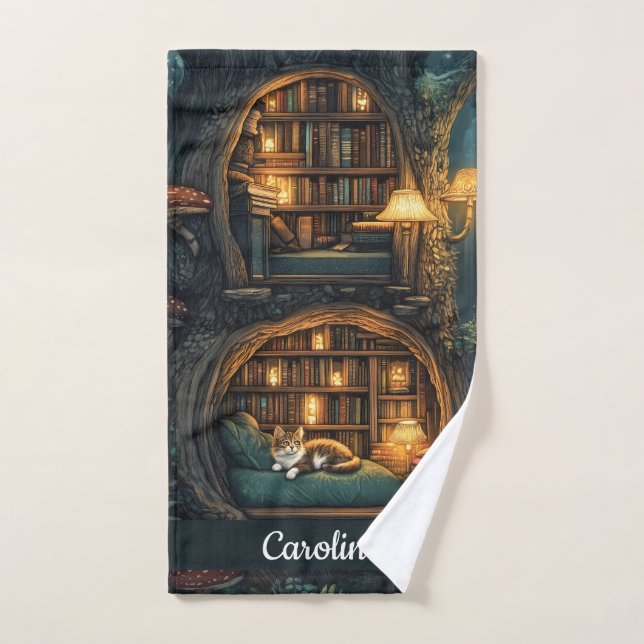 Cozy Cat in a Magical Treehouse Library Hand Towel (Hand Towel)