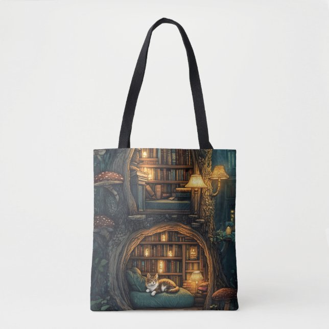 Cozy Cat in a Magical Treehouse Library Tote Bag (Front)