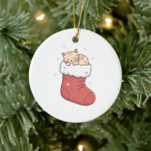 Cozy Cat in Christmas Stocking - Sleeping Kitten Ceramic Ornament