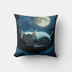 "Cozy Cat in Full Moon Night Pillow – Dreamy Sleep