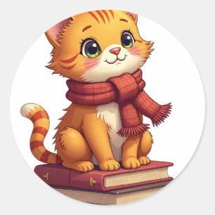 Cozy Cat Lover with Knitted Scarf and Autumn Books Classic Round Sticker