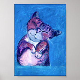  Cozy Cat Painted Kitty Cute Feline Fun Blue Poster