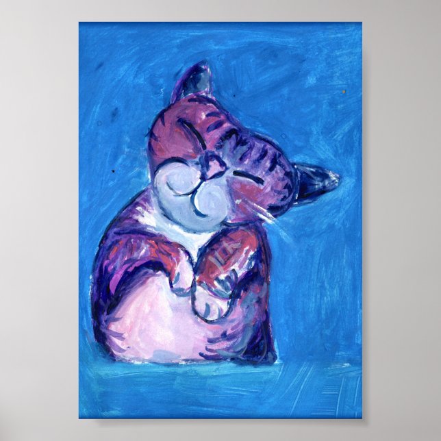  Cozy Cat Painted Kitty Cute Feline Fun Blue Poster (Front)
