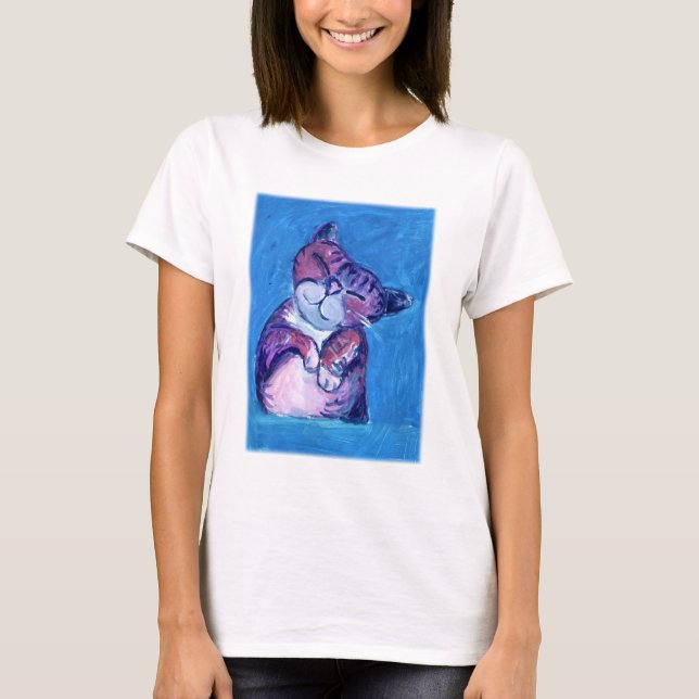  Cozy Cat Painting Cute Feline on Blue T-Shirt (Front)