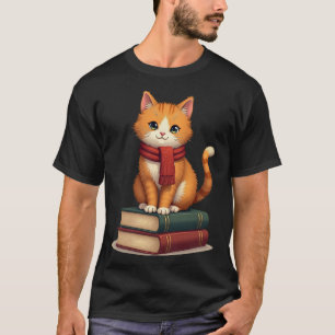 Cozy Cat Reading Books Autumn Scarf Vintage Travel T-Shirt