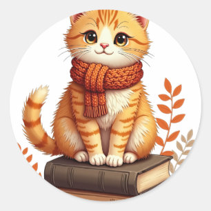 Cozy Cat Reading Nook - Autumn Watercolor Art for Classic Round Sticker