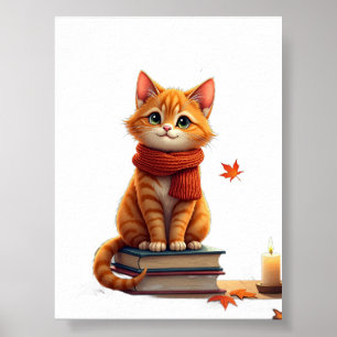 Cozy Cat Reading Nook Autumn Watercolor Illustrati Poster