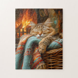 Cozy Cat Sleeping in Basket by Warm Fireplace Jigsaw Puzzle
