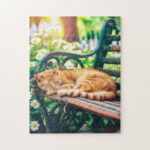 Cozy Cat Sleeping in Garden on Bench Jigsaw Puzzle