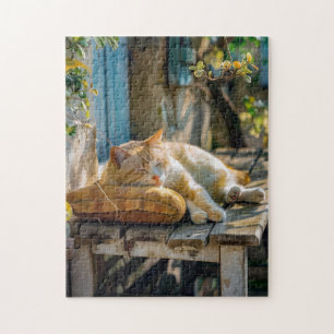Cozy Cat Sleeping in Garden on Bench Jigsaw Puzzle