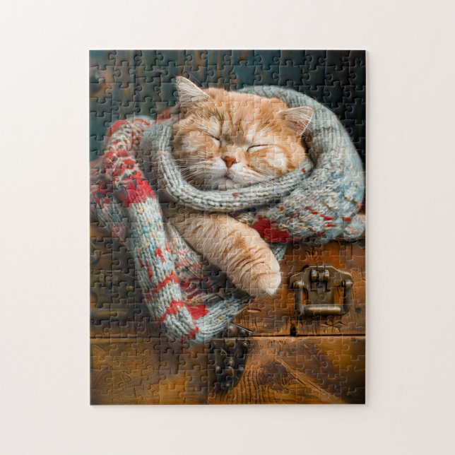 Cozy Cat Sleeping on a wooden box Jigsaw Puzzle (Vertical)