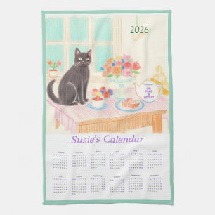 Cozy Cat Tea Party 2026 Calendar Tea Towel