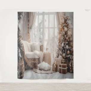 Cozy Chair, Snowy Window & Elegant Tree Backdrop Tapestry