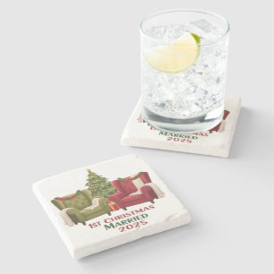 Cozy Chairs 1st Christmas Married 2025 Newlywed Stone Coaster