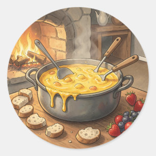 Cozy Cheese Fondue Fireplace Classic Round Sticker