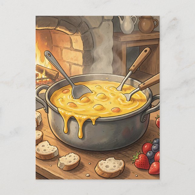 Cozy Cheese Fondue Fireplace Postcard (Front)