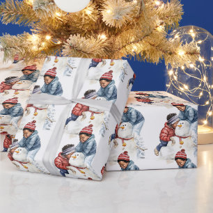 Cozy Christmas Black Kid's Building a Snowman Wrapping Paper