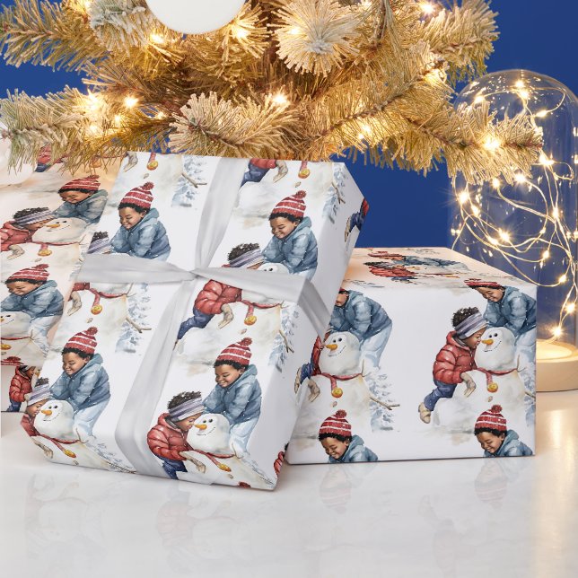 Cozy Christmas Black Kid's Building a Snowman Wrapping Paper (Holidays)
