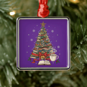 Cozy Christmas Book Tree for Readers & Bookworms Metal Ornament