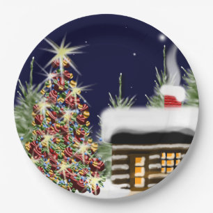 Cozy Christmas Cabin Holiday Scene Xmas Design Paper Plate