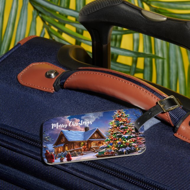 Cozy Christmas Cabin in Snowy Forest – Rustic  Luggage Tag (Front Insitu 3)