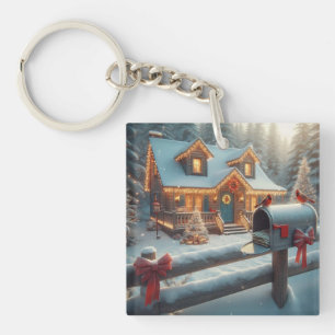 Cozy Christmas Cabin Winter Wonderland Keychain