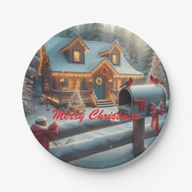 Cozy Christmas Cabin Winter Wonderland Paper Plate (Front)