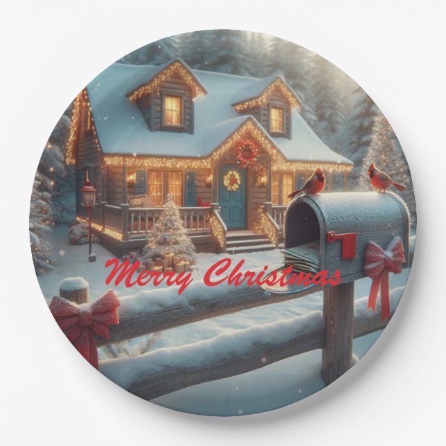 Cozy Christmas Cabin Winter Wonderland Paper Plate (Front)