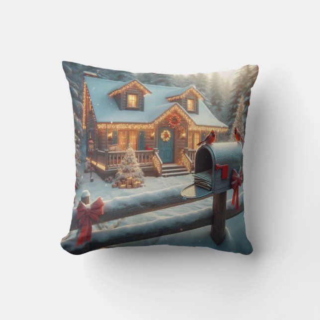 Cozy Christmas Cabin Winter Wonderland Throw Pillow (Front)
