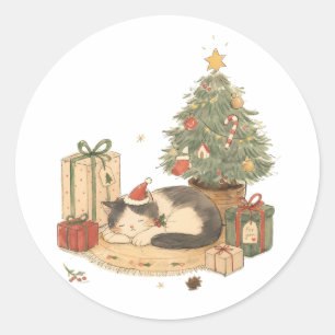 Cozy Christmas Cat with Gifts and Christmas Tree Classic Round Sticker