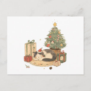 Cozy Christmas Cat with Gifts and Christmas Tree Postcard