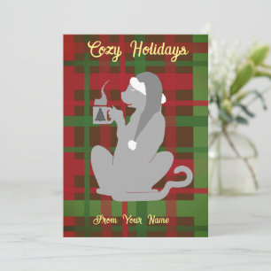 Cozy Christmas Cat with Mug, grey, personalize it Invitation