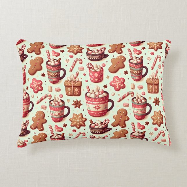 Cozy Christmas Cocoa and Gingerbread Pattern Accent Pillow (Front)