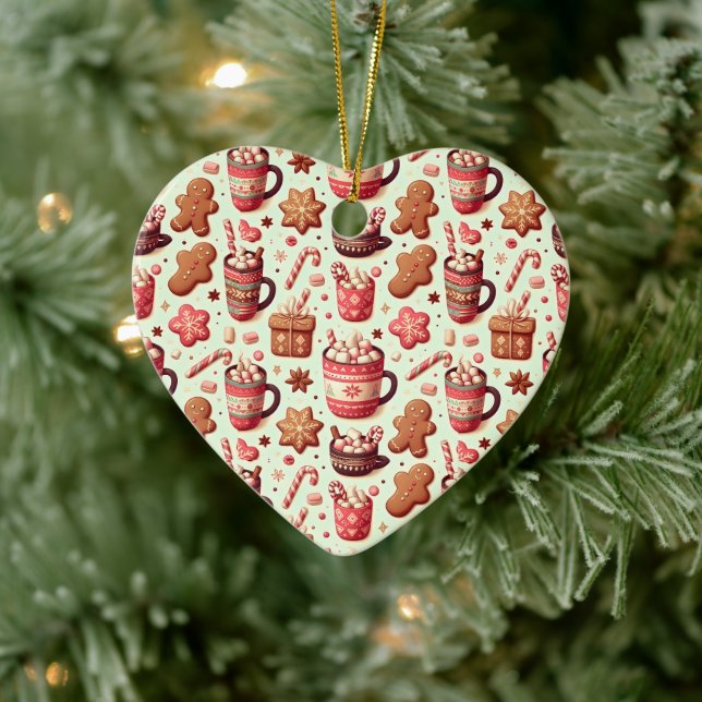 Cozy Christmas Cocoa and Gingerbread Pattern Ceramic Ornament (Tree)