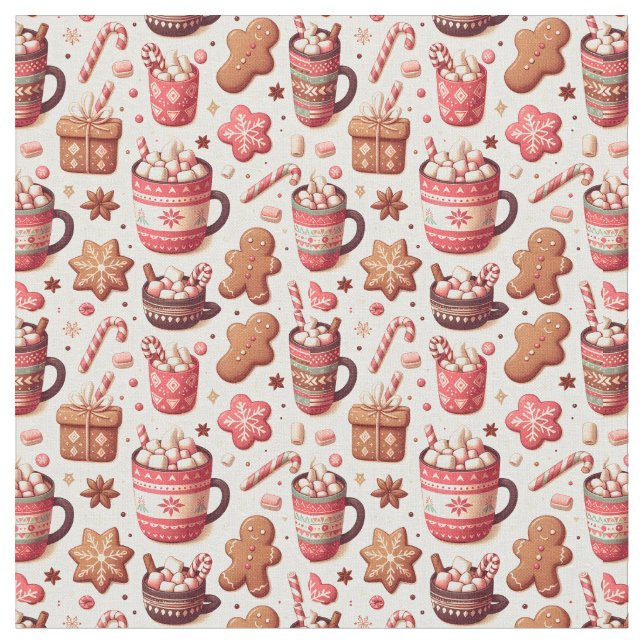 Cozy Christmas Cocoa and Gingerbread Pattern Fabric (Close Up)