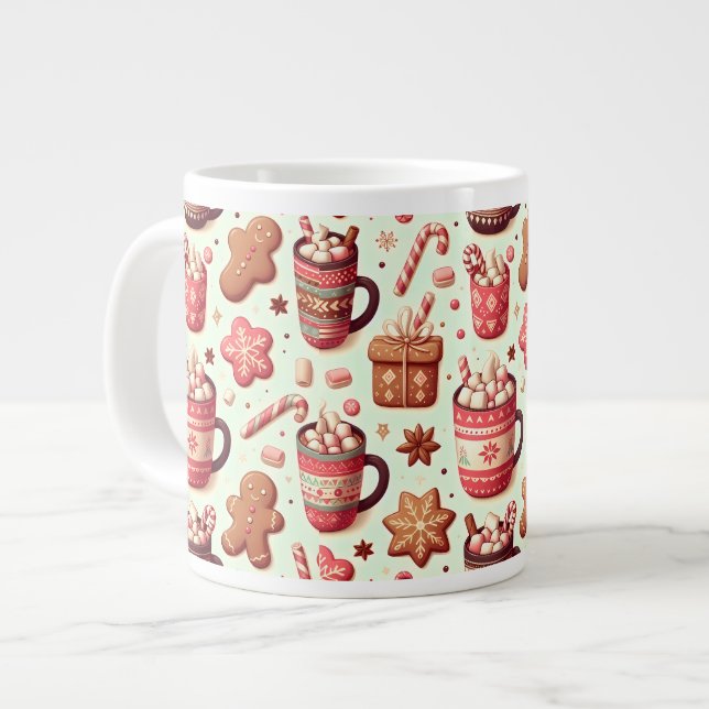 Cozy Christmas Cocoa and Gingerbread Pattern Large Coffee Mug (Front Left)