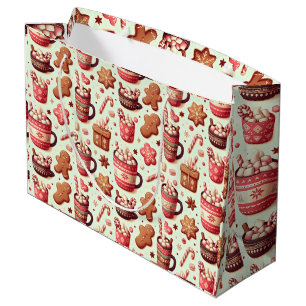 Cozy Christmas Cocoa and Gingerbread Pattern Large Gift Bag