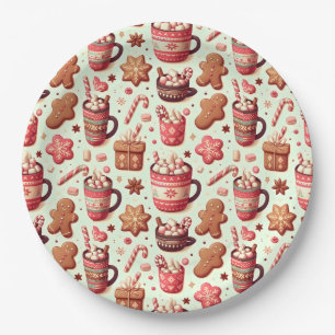 Cozy Christmas Cocoa and Gingerbread Pattern Paper Plate