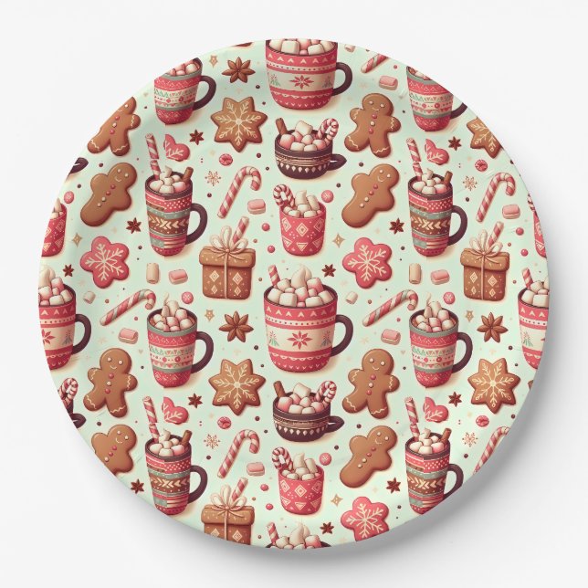 Cozy Christmas Cocoa and Gingerbread Pattern Paper Plate (Front)