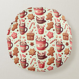 Cozy Christmas Cocoa and Gingerbread Pattern Round Pillow
