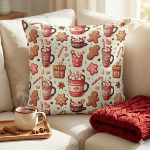Cozy Christmas Cocoa and Gingerbread Pattern Throw Pillow
