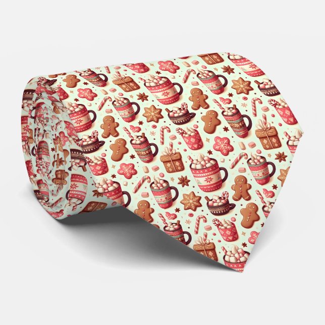 Cozy Christmas Cocoa and Gingerbread Pattern Tie (Rolled)