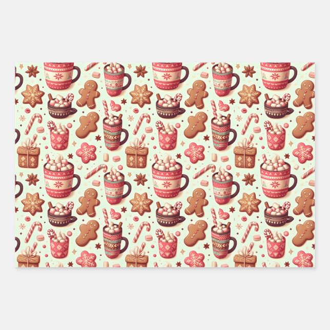 Cozy Christmas Cocoa and Gingerbread Pattern Wrapping Paper Sheet (Front)