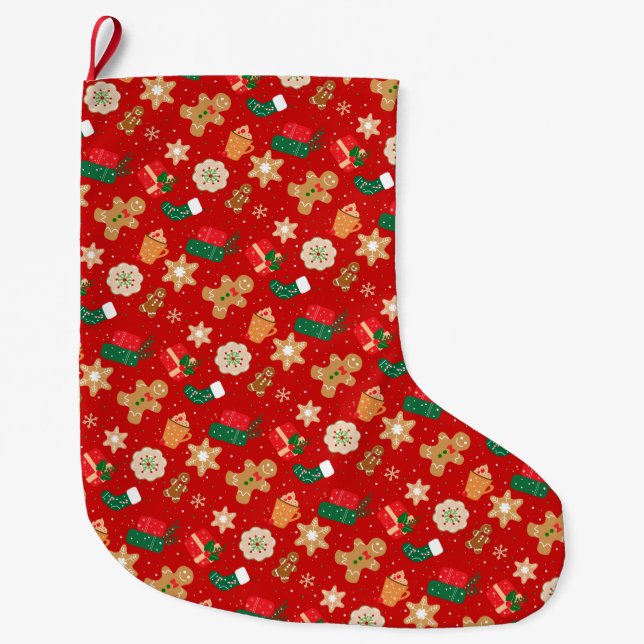 Cozy Christmas Cookies & Hot Cocoa Holiday Pattern Large Christmas Stocking (Front)