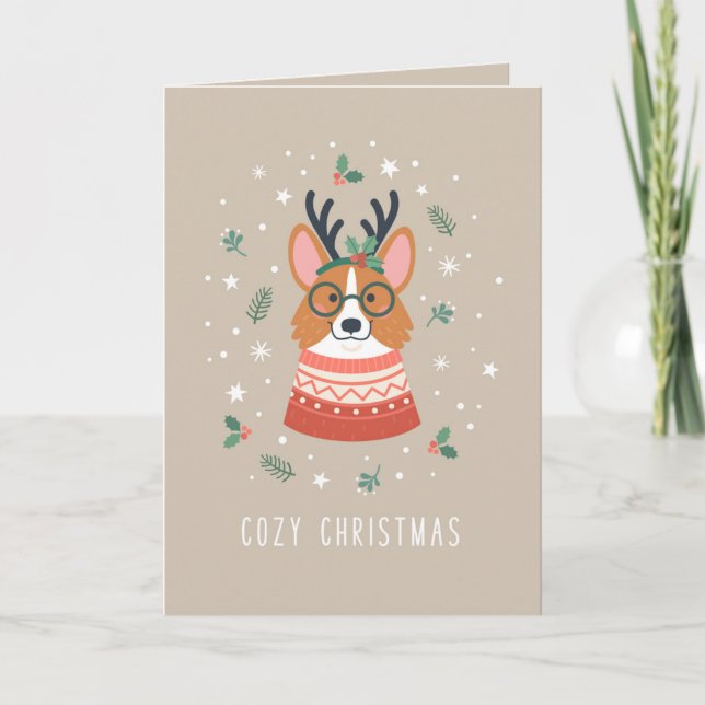 Cozy Christmas Corgi Holiday Card (Front)